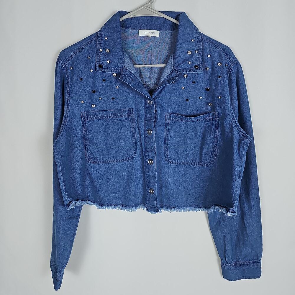 no comment Women’s Blue Denim Cropped Button-Up Shirt XL Long Sleeve 100% Cotton